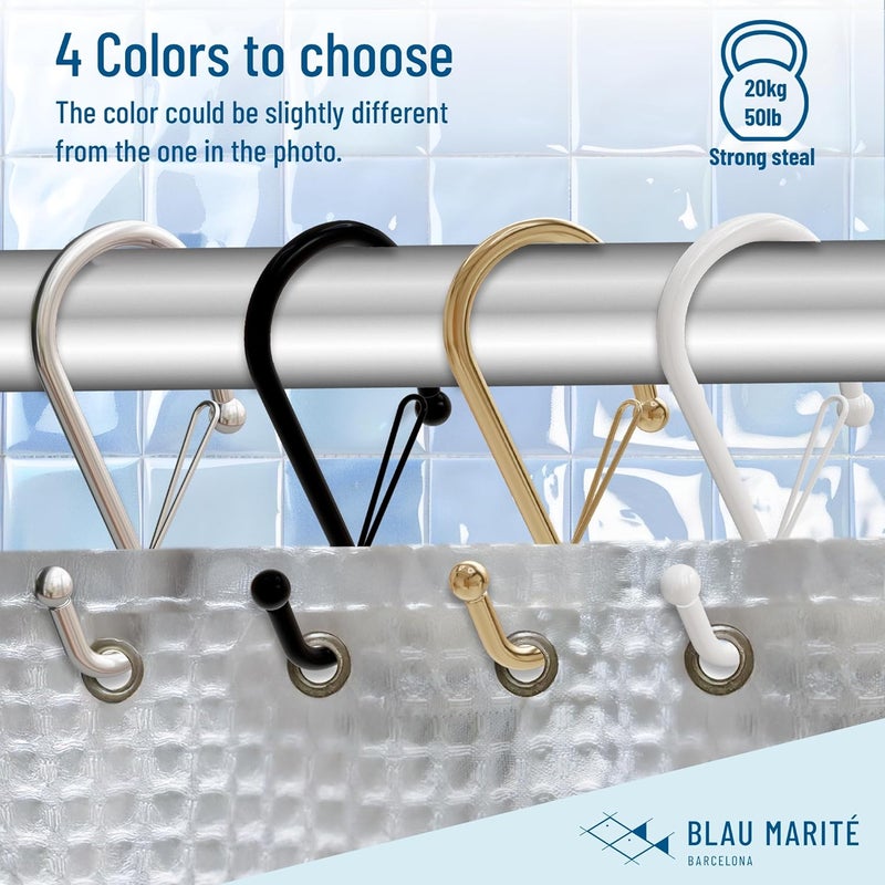 Blau Marité Set of 12 Black Metal S Hook Shower Hooks 1” – Closed, Heavy Duty, Long Decorative Shower Curtain Hooks, Easy Glide, Buckle, Large Rust Resistant Rings for Bathroom Rods (Black, S) - Image 5